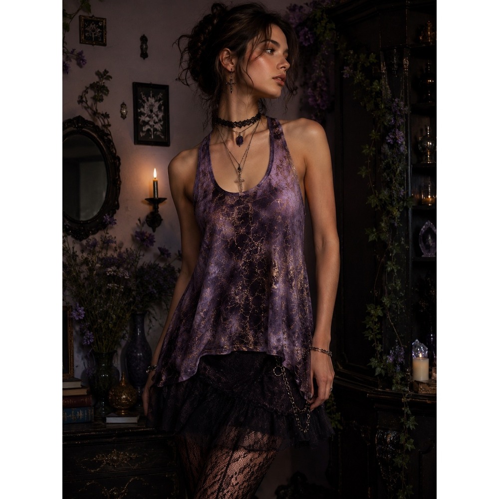 Crystal K Purple Lace Metallic Shimmer Racerback Tank Top‎ Whimsygoth Medium